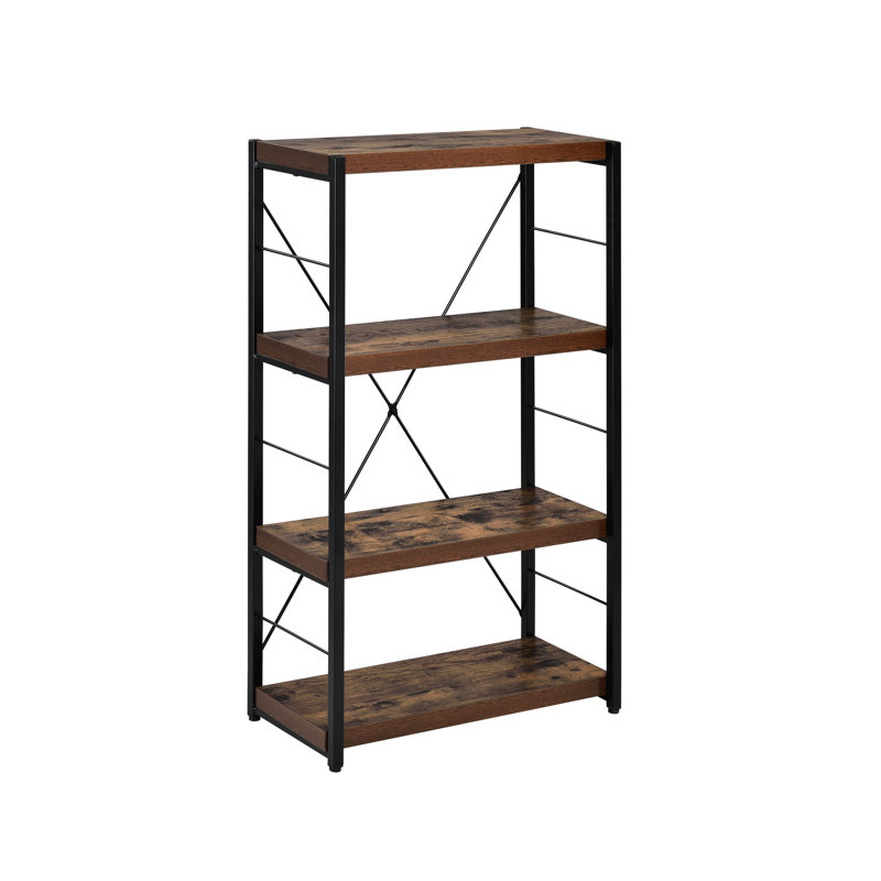 3 4-Shelf Weathered Oak Bookshelf With Black Metal Legs, Storage For Workshop And Rectangular Bookcase, 3 Tier 4 Shelf Display