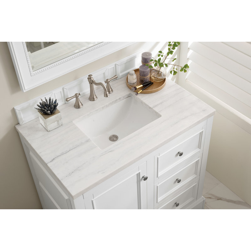 De Soto 36'' W Single Vanity, Bright White, Carrara White Marble, 8" Widespread