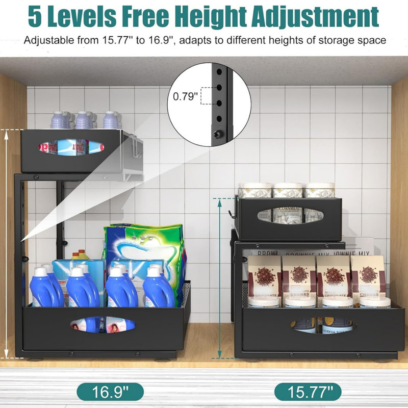 2 Tier White Large Metal Pull Out Under Sink Storage Organiser Rack, Matte Black