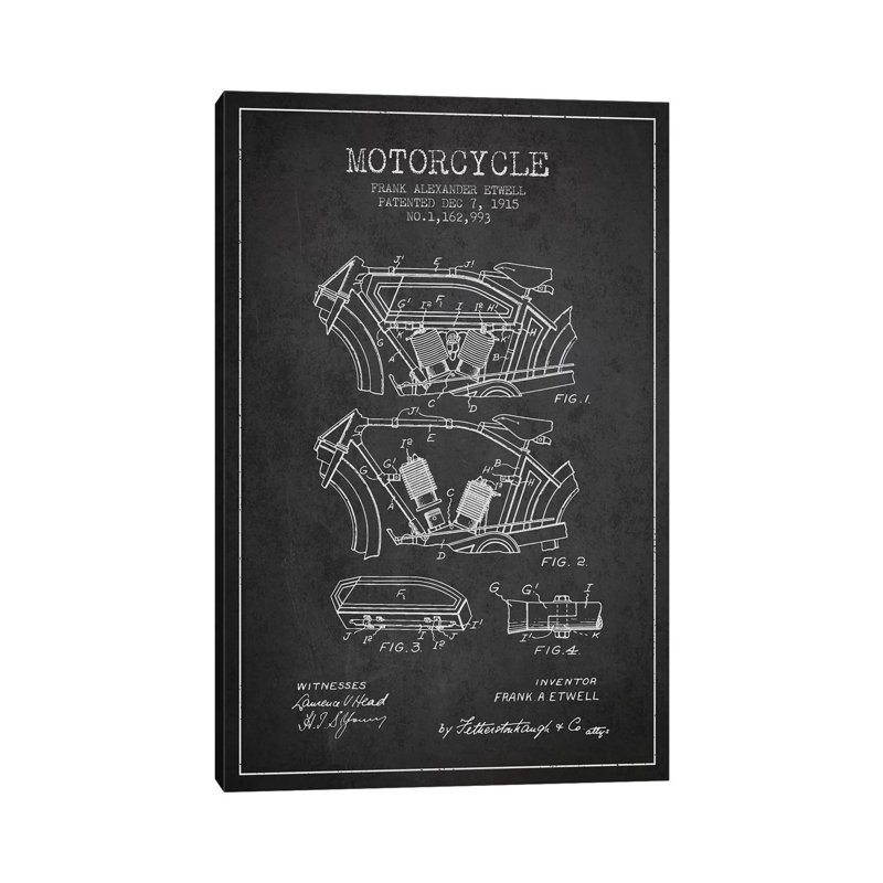 Frank A. Etwell Motorcycle Patent Sketch (Charcoal) by Aged Pixel - Wrapped Canvas Gallery-Wrapped Canvas Giclée