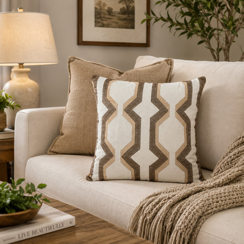 Coussin décoratif en coton, Blanc / Brun