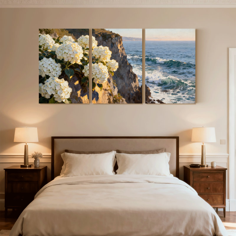 Hydrangées fleurs, roches, vagues océan, coucher de soleil, réflexion, beauté naturelle, ensemble de 3 impressions sur toile