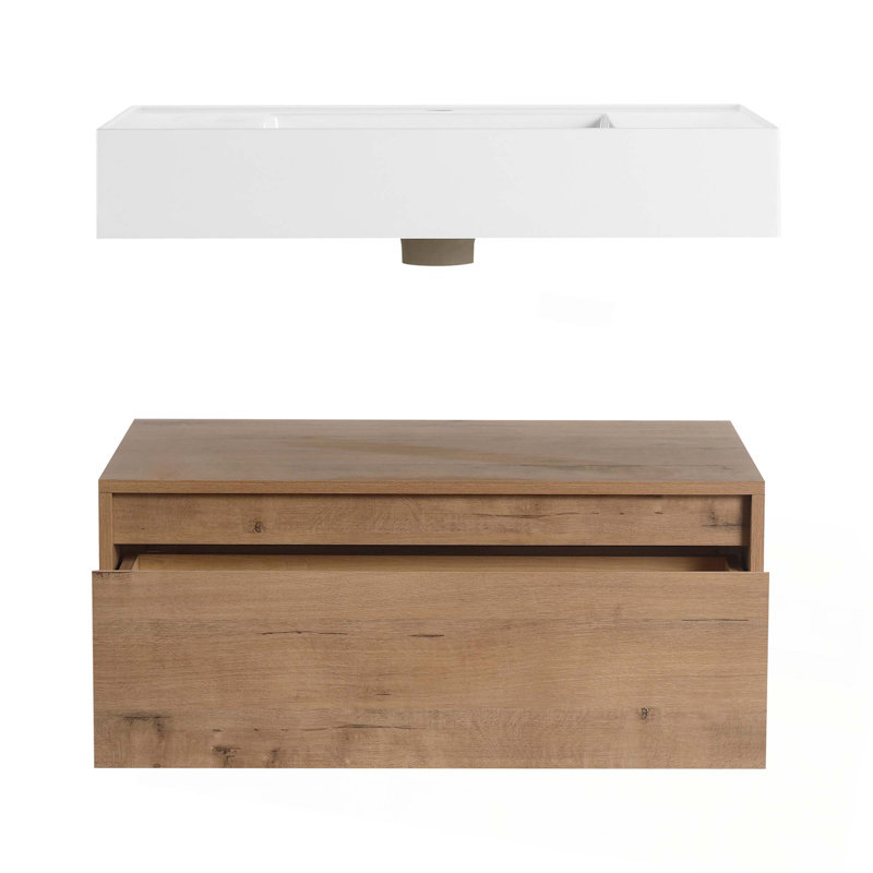 Meuble-lavabo mural de 30 po avec lavabo en résine, tiroir à fermeture en douceur et fixation flottante