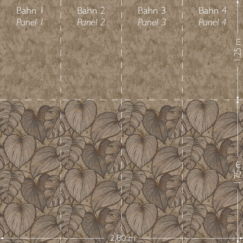 Julie Feels Home Glitter/Shimmer Monstera Leaf and Plain Twinwall Design 4-panel Wall Mural, Black Walnut