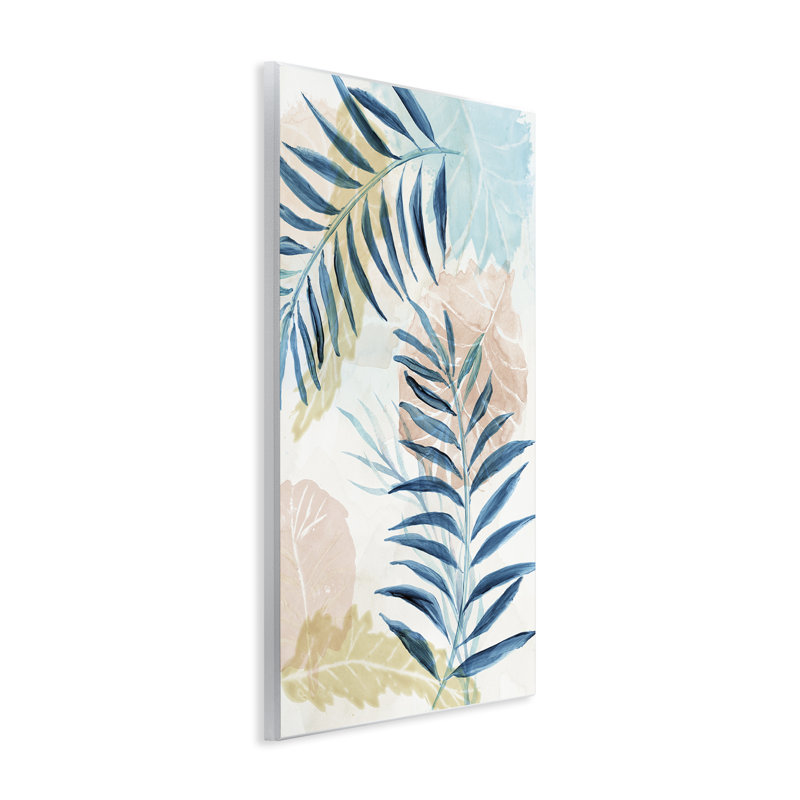 Plaque murale «Blue Palm Fronds in Pastel Haze», design par Nan, H 19 po x l 13 po