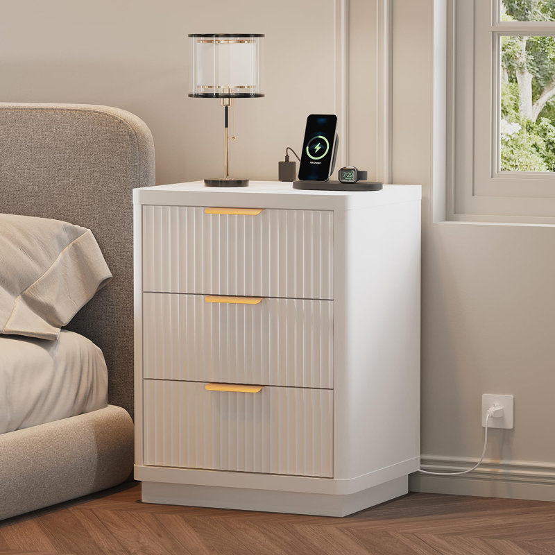 Fluted Nightstand with Charging Station, Mid Century Modern Fluted Nightstand, Modern End Table with Curved Corners