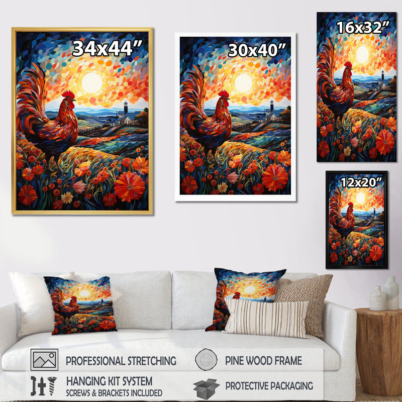 Arnould " Roaster Barnyard Serenade II ", 44" H x 34" W x 1.5" D, Natural Floater Framed Canvas