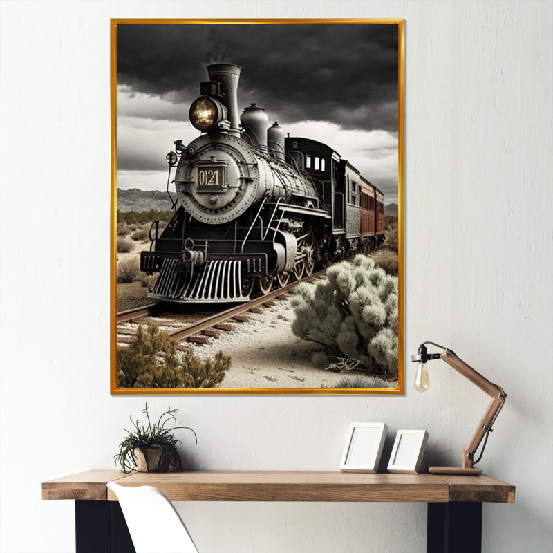 Train sur la voie I - train d'art de transport, salon, H 32 po x l 16 po, Cadre flottant doré