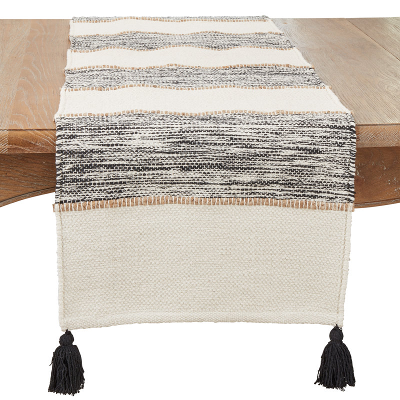 Textured Striped Tassel Table Runner, Black/White