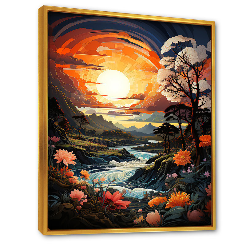«Kawaii Sunset Landscape In Japon», reproduction sur toile, Cadre flottant doré, H 40 po x l 30 po x P 1,5 po