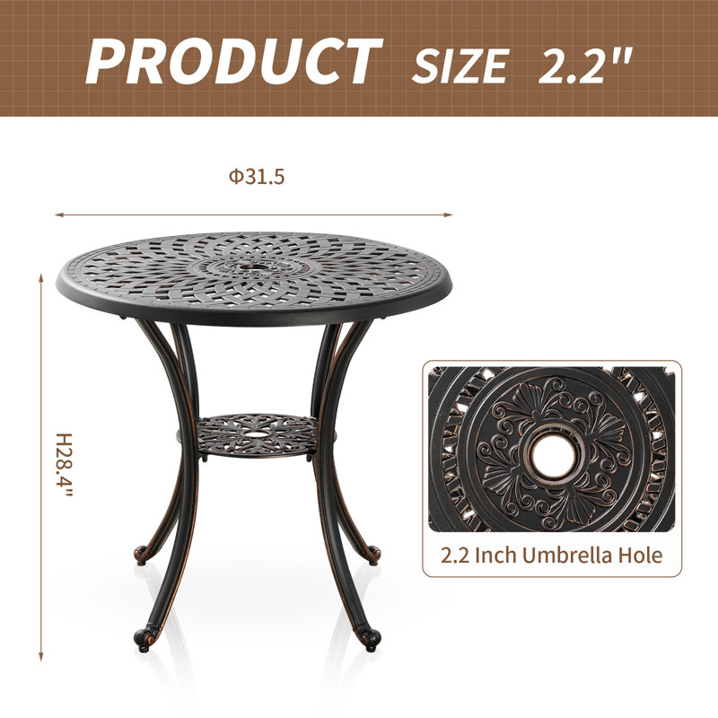 31.5" Round Outdoor Table Patio Table Dining Table with Umbrella Hole,Bronze