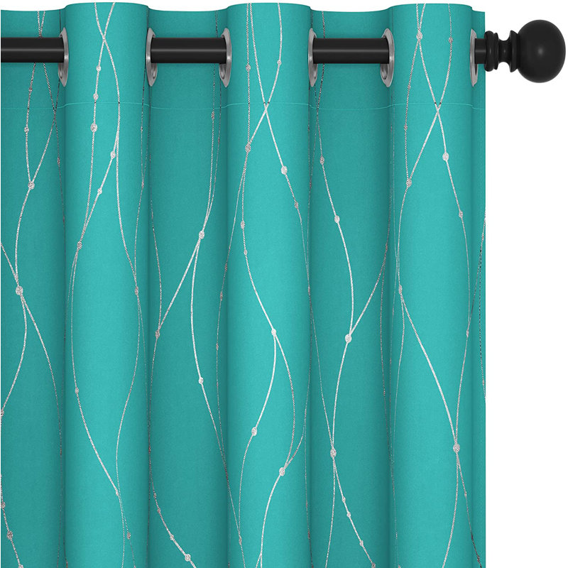 Senath Dotted Line Foil Printed Room Darkening Thermal Curtains, Turquoise, 117cm W x 229cm D