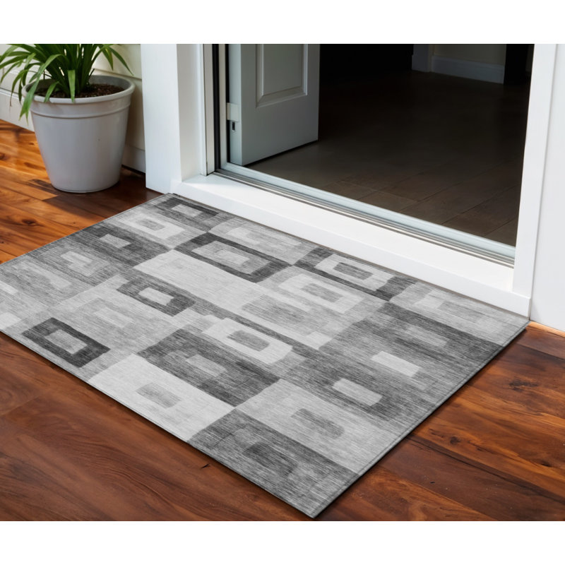 3' X 5' Gray And Charcoal Geometric Washable Indoor Outdoor Area Rug