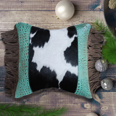 Cowhide & Leather Cushion Cover with Fringe