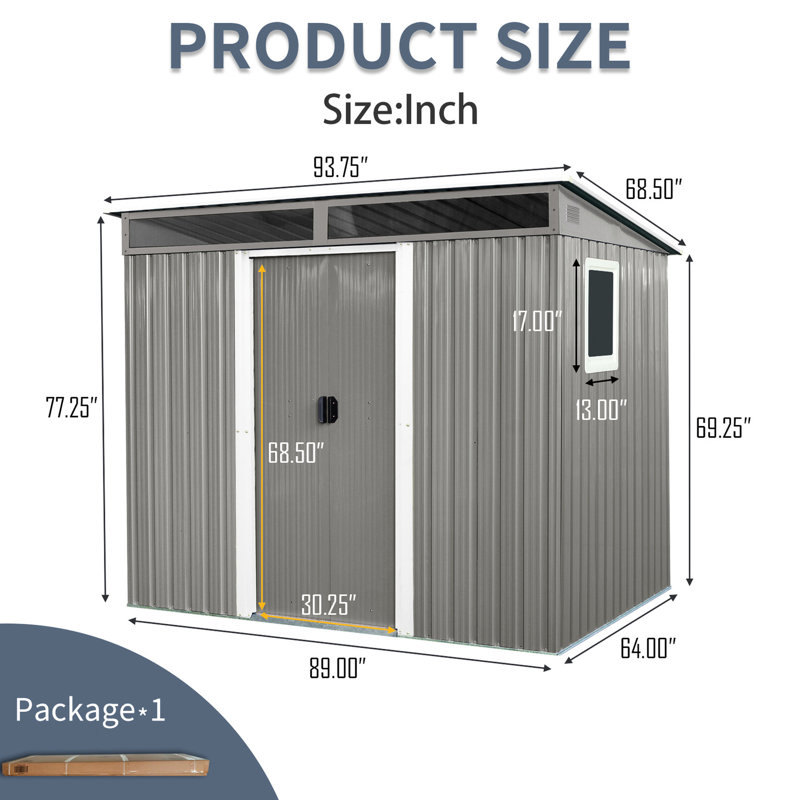 Metal Shed 8x6 Ft For Backyard With -proof Panels & Anchor - Protected (gray Spacious Storage House Galvanized Steel Walls
