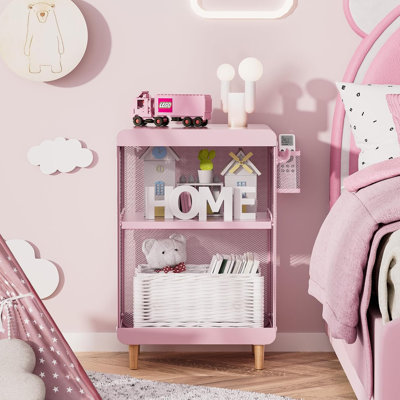 Table d'appoint moderne à 3 niveaux en métal avec tablettes de rangement et accessoires suspendus pour le salon, la chambre à coucher, le bureau et le dortoir