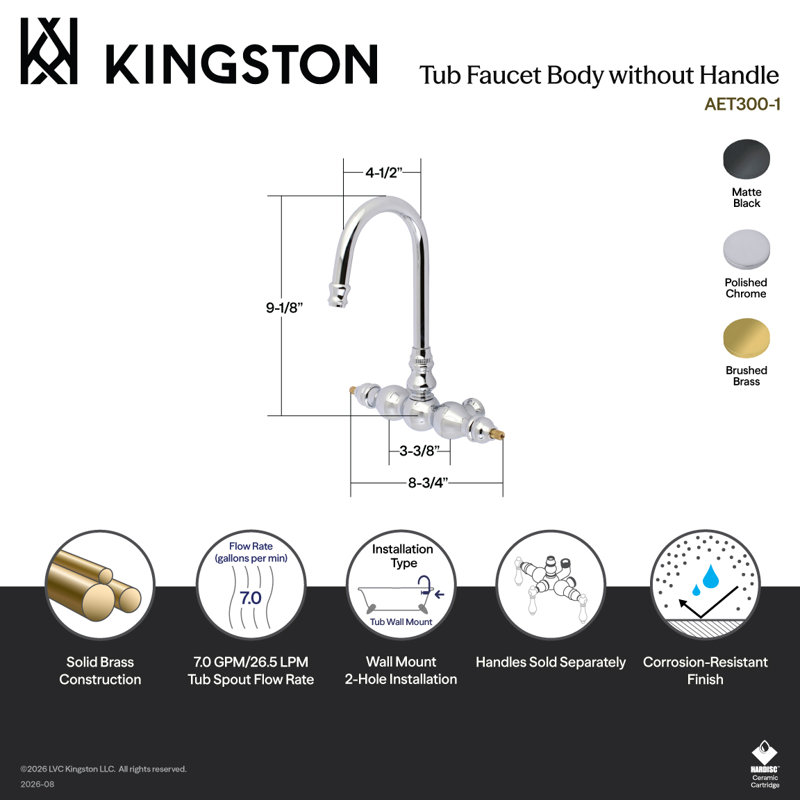 Robinet de baignoire Kingston 3-3 / 8 pouces Kingston laiton seulement (sans poignée), Noir mat