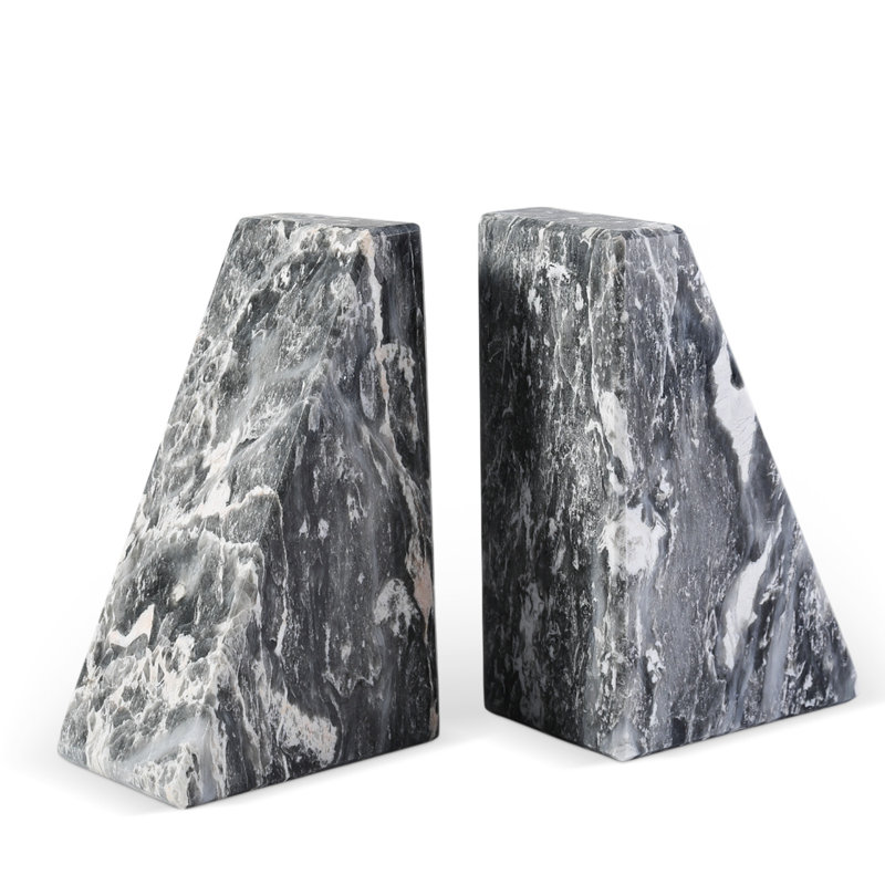 Natural Marble Bookends, Set Of 2, Afudik-Vein, 2.60" H x 4" W x 4.70" D, Gray