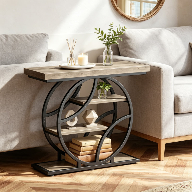 Table d'entrée 41,3 pouces, console moderne avec tablettes, structure en métal en forme de O, finition grain de bois gris, pour le couloir, l'entrée, le vestibule, le salon