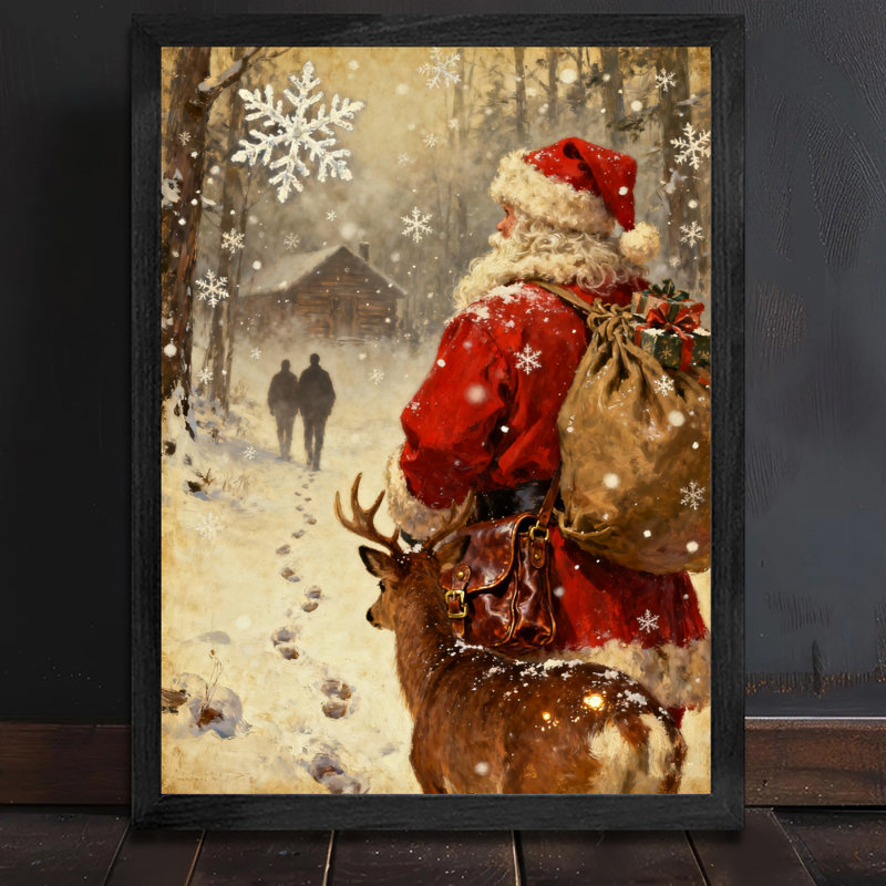 Père Noël rétro noir encadré avec art mural de style rétro, H 11 po x l 9 po