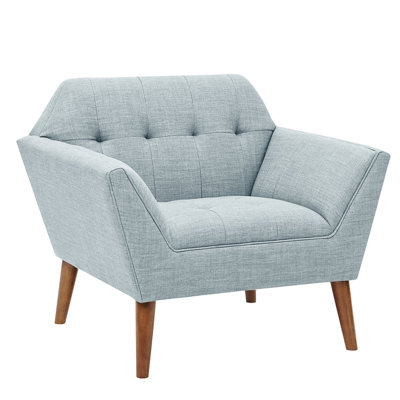 Fauteuil de style moderne - Bouton, revêtement bleu, pieds en bois massif avec accoudoirs supplémentaires, style Mid-Century, revêtement