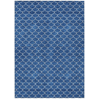 5' X 8' Blue And Ivory Geometric Washable Indoor Outdoor Area Rug