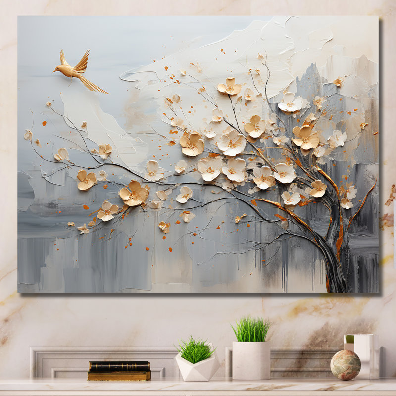 Japan Beige And Gold Tree Vision - Abstract Canvas Art Print, Wrapped Canvas, 12" H x 20" W x 1" D
