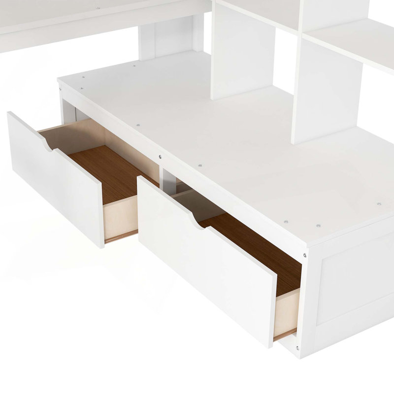 Lit mezzanine avec bureau et tablettes, deux tiroirs intégrés et escalier de rangement, Blanc