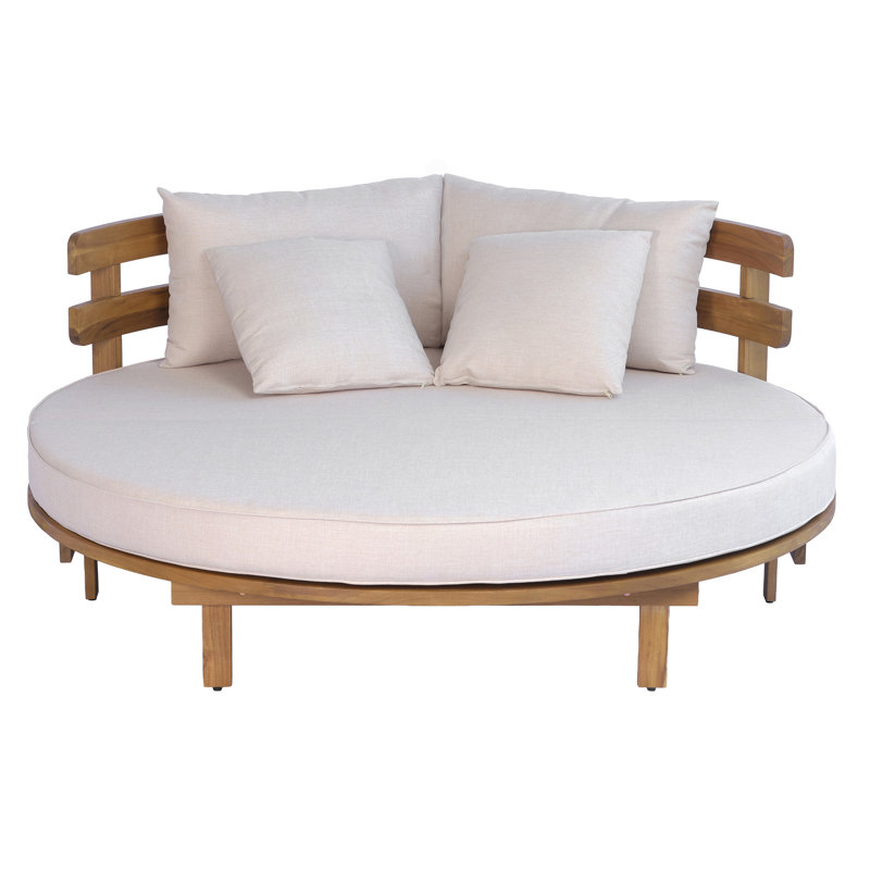 TOPMAX Outdoor Acacia Wood Round Daybed, Patio Lounger with Curved Slatted Backrest, Cushion and 4 Pillows for Backyard, Poolside, Beige
