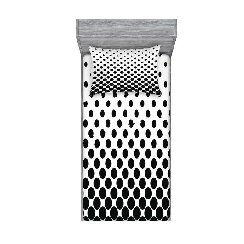 Microfiber Sheet Set, Twin Sheet Set + Fitted Sheet + 1 Pillowcase, Black/White Polka Dots