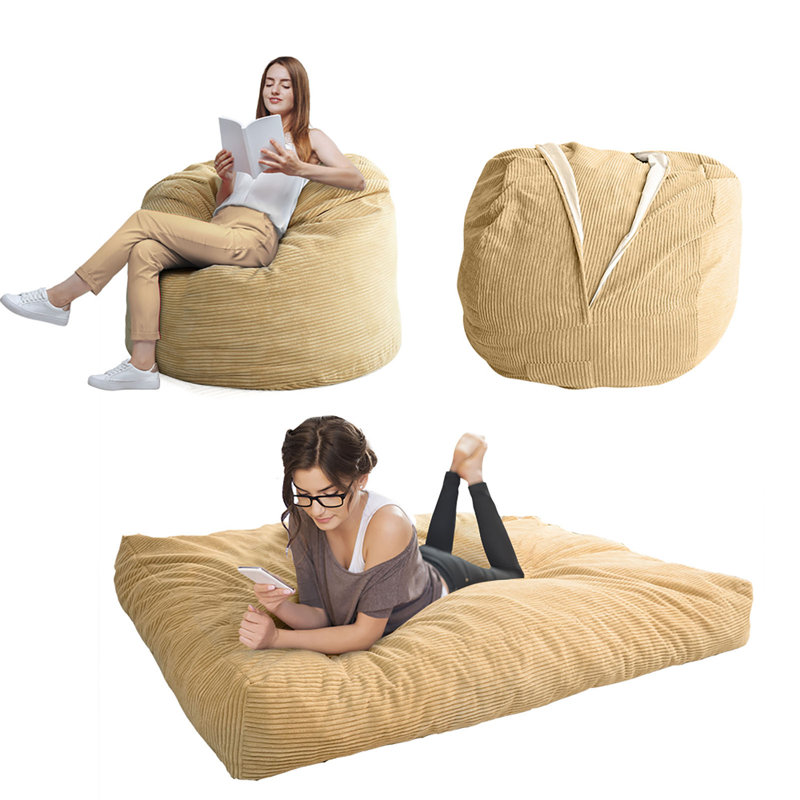 Grand fauteuil à billes et chaise longue, Velours côtelé chameau, 27.6 H x 47.2 x 47.3