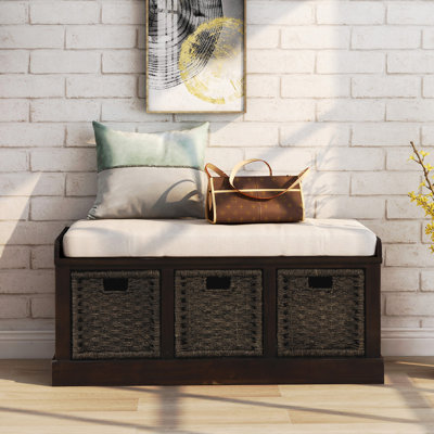 Javier Acacia Wood Upholstered Storage Bench with 3 Drawers and 3 Woven Baskets for Entryways, Bedrooms, or Living Spaces by Sand & Stable