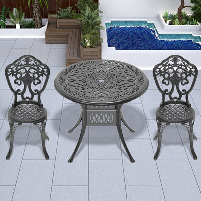 3 repas d'extérieur en fonte d'aluminium noir. Belles sculptures, fabrication fiable. Patin antidérapant thermolaqué. Assise confortablement 2 places assises. Conception et fabrication élégantes. Revêtement,