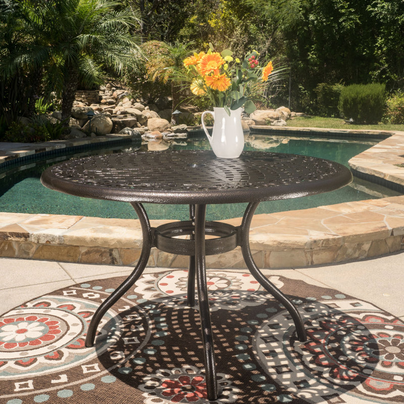 48-Inch Round Outdoor Dining Table Crafted From Cast Aluminum In Hammered Bronze, With Tabletop, Umbrella Hole, And Curved Legs, For Patio Relaxing 48-In Of Bronze Finish, Featuring Gently Backyard