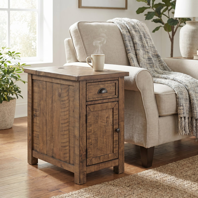 Balsam 25'' Tall Solid Wood End Table with Storage and Built-In Outlets, Reclaimed Natural
