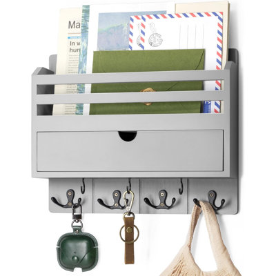  Pine Wood Mail and Key Organizer for Wall – Farmhouse Mail Organizer Wall Mounted with 7 Sturdy Hooks & Drawer Storage – Apartment Essentials for Stylish Home Decor (Green)