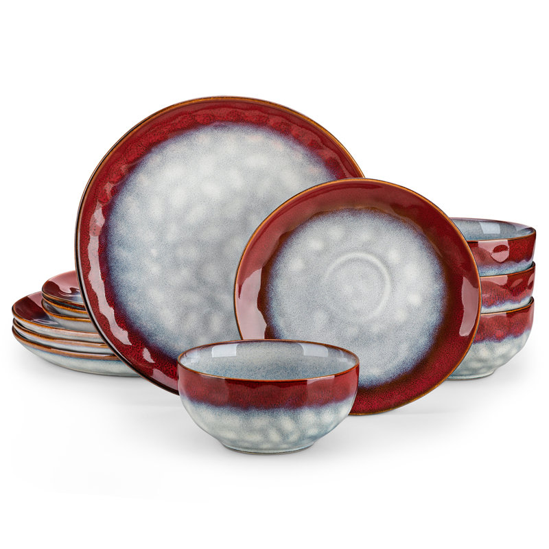 12 Pieces Dinnerware Set, Dinner Plate, Dessert Plate And Bowl Set For 4 Person, Ceramic Dinnerware, Red