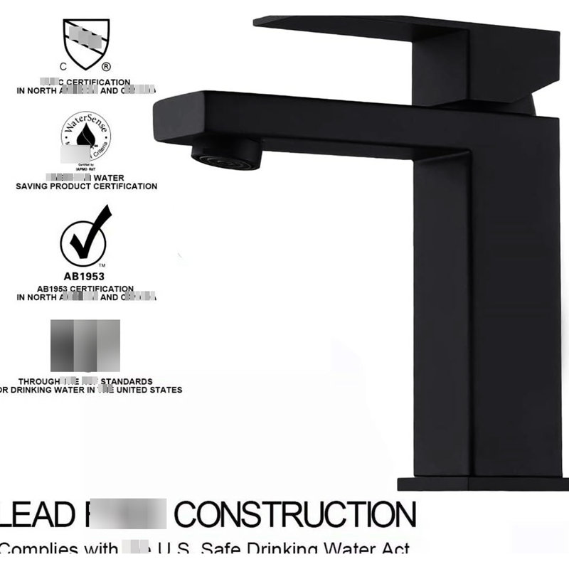 Single Handle Solid Brass Matte Black Hole Bathroom Faucet, Corrosion , Elegant Square Design, Non - Splashing, Passed & Sink Build, Water Saving Feature, Splashing Flow Pattern