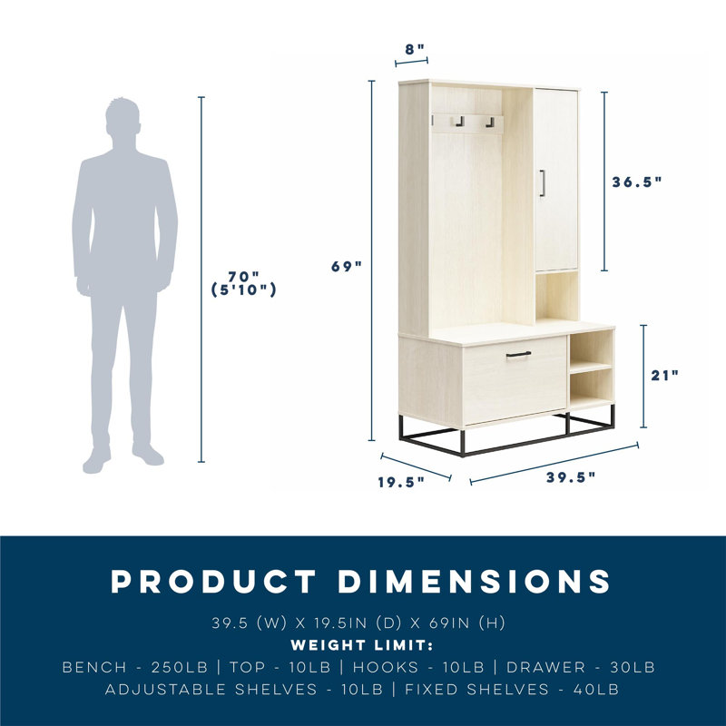 Ivory Oak Hall Tree with Bench and Shoe Storage