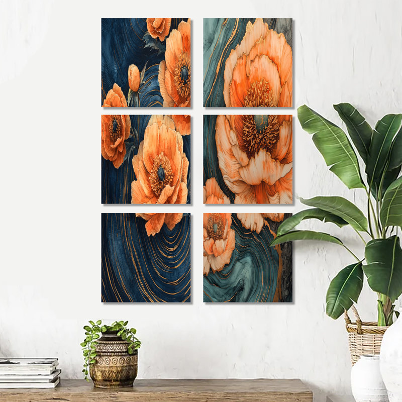 Orange pivoines sur pierre géode sauvage - ensemble de 6 reproductions d'art sur toile florales, Toile tendue