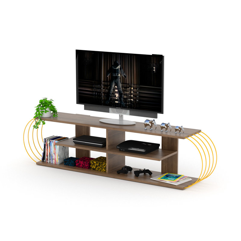 Mid-Century Modern TV Stand, 68 Inch Entertainment Center With 4 Open Shelves, Walnut/Yellow Finish | Gift Idea