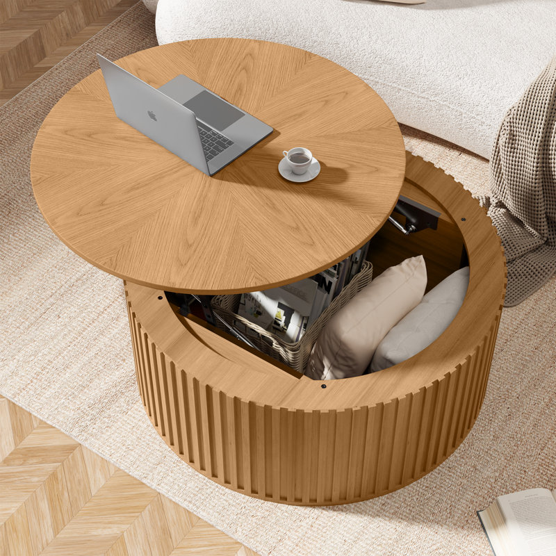 Table basse à plateau relevable avec rangement Ansel, table basse ronde en bois massif, Naturel