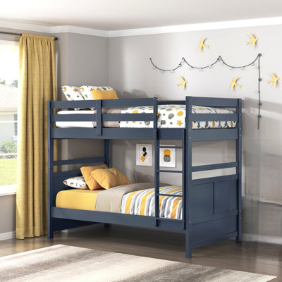 Lit superposé simple au-dessus d'un lit simple bleu marine avec cadre en bois robuste et garde-corps pour chambre de jeunes 1pc