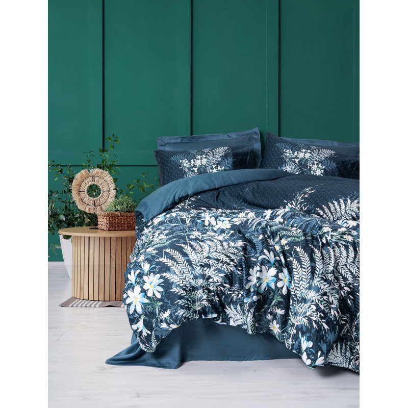 Luxury Cotton Satin Quilt Cover Set, Petrol Green | 100% Cotton, 78.7 x 86.6 Duvet Cover, 94.5 x 102.4 Flat Sheet, 19.7 x 27.6 Pillowcases (4 Pieces) | Reactive Printing, Machine Washable, Elegant Design