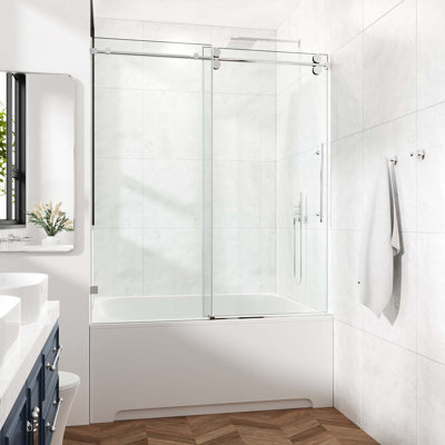 Porte de douche à panneau simple sans cadre avec cadre en acier inoxydable chromé et verre trempé de 3/8 po de l 74 à 78 po x H 76 po