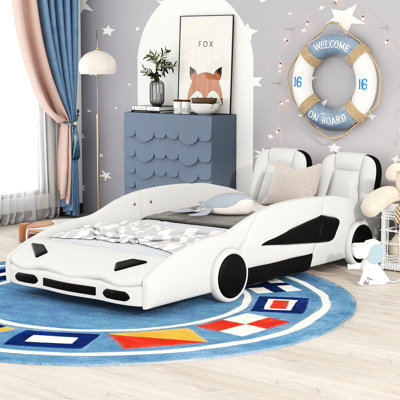 Twin Size Platform Bed With Race Car Appearance And Rotating Part Wheels Guardrails - Stylish Protected Bedroom Option Car-Shaped Sliding Feature Wheels, White Functional Choice