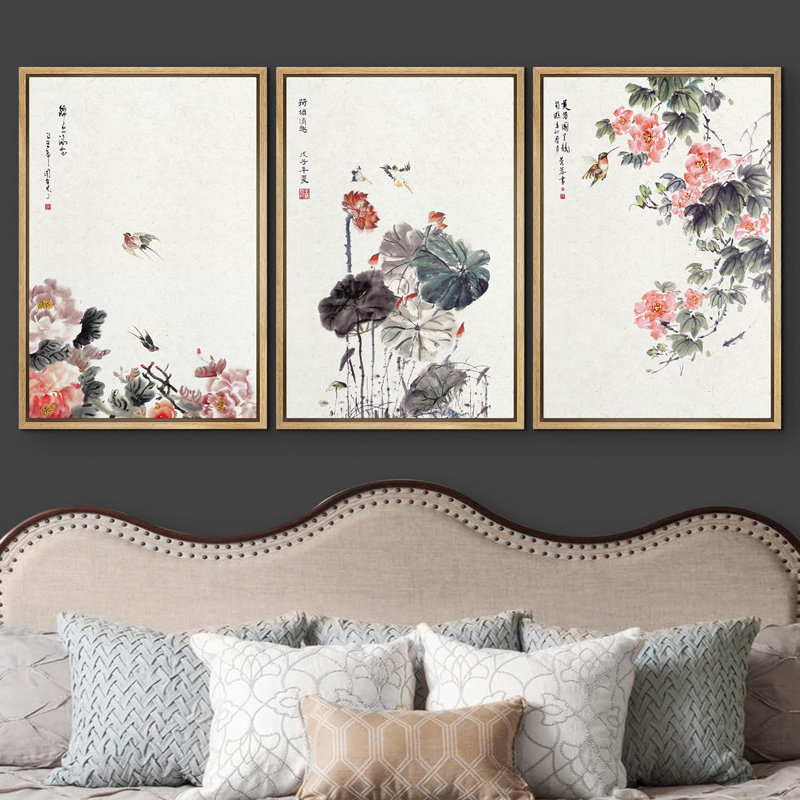 Décoration murale moderne à l'encre de chine, fleurs et oiseaux, H 36 po x l 72 po, Cadre naturel flottant