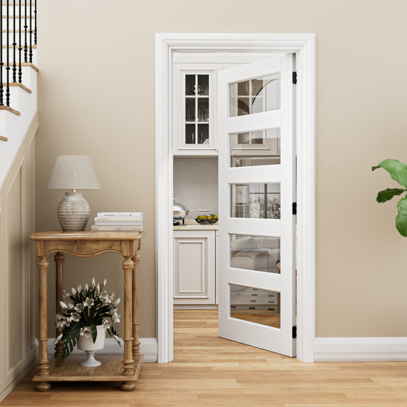 5-Lite Clear Glass Door Slab Prehung Jamb Interior White Primed Solid Core With DOOR SEAL STRIP, 36" x 80", Right, White