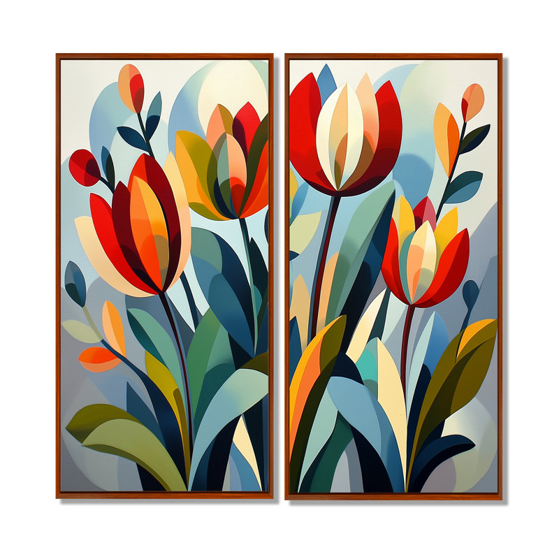 Green Mid Century Mod Nature Tulip V - Art mural moderne 2 pièces, 20" H x 24" W, Impression encadrée flottante, Brown