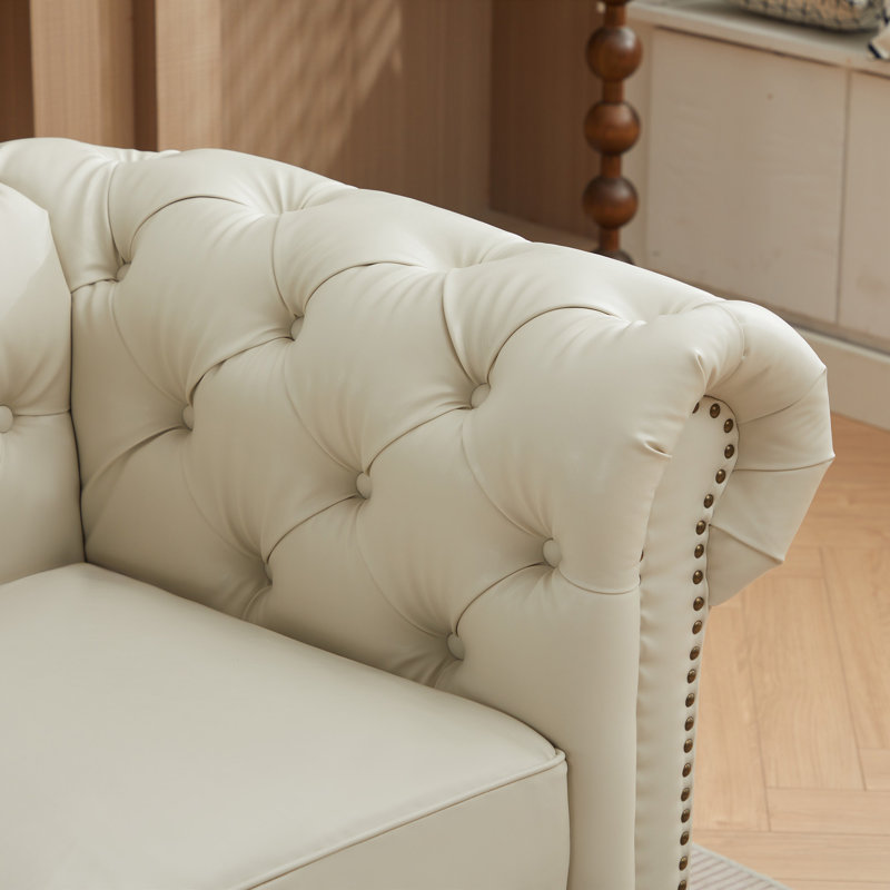 84.25'' Faux Leather Sofa With Rolled Arm, Beige